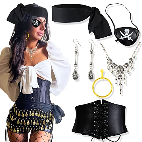 JeVenis Schwarz 7 Stück Damen Piraten Kostüm Zubehör Piratenhut Schwarz Piraten Augenklappen Piratenschmuck Piraten Partyzubehör Piratenkapitän Dekoration für Damen