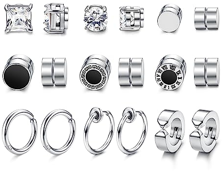 MILACOLATO 9 Pares Pendientes Magnéticos para Hombre y Mujer - Plata, No Perforados, con Clip Magnético y CZ en Aro Falsos
