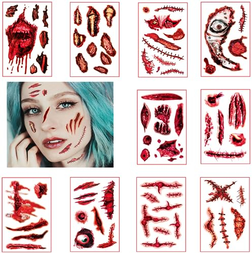 Trrrioosy Halloween Tattoo Narben Halloween Wunden Temporäre Tattoos Gesicht Aufkleber für Halloween,10 Blatt