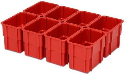 1a-TopStore Einsatzkasten Einteilungs-Set für Eurobehälter, Schubladen mit Innenmaß 362x262 mm (LxB), 102 mm hoch, verschiedene Größen/Farben (8er Set, rot)