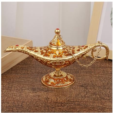 BLUVLY 34cm Large Aladdin Lamp Legend Magic Genie Lamp, Vintage Home Tea Oil Pot Metal Wishing Lamp Classic Collectable Home Office Table Ornament (yellow)