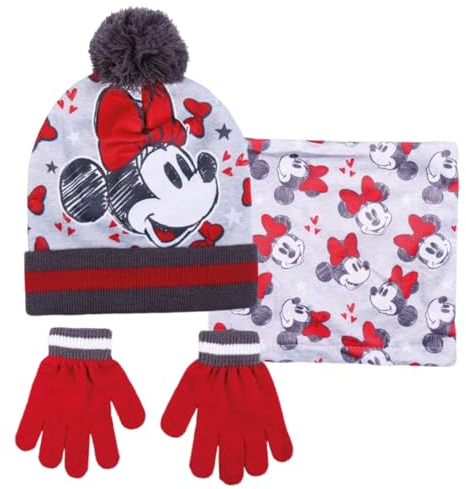 Disney Minnie Mouse Bommelmütze + Schlauchschal + Handschuhe Ser für Mädchen 3 Stück Winter Set Geschenkbox, rot / weiß, One size