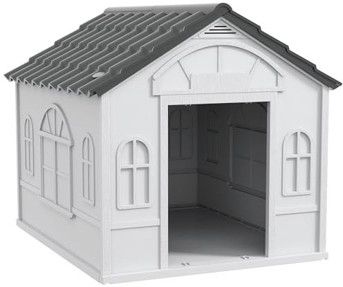 PawHut Weather-Resistant Dog House, Puppy Shelter for Large Dogs - Grey