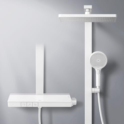 EMKE Colonna doccia con miscelatore termostatico, ripiani in vetro 45 x 13 cm, doccetta, 3 tipi di getto, doccia a pioggia, bocca di erogazione, montaggio a parete, colonna doccia termostatica, bianco