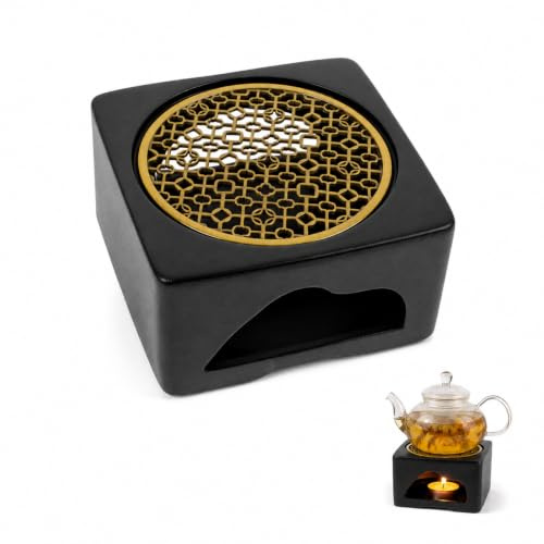 Zerodeko Ceramic Teapot Warmer Japanese Candle Stove Base for Tea Tables | Zen Black Mountain Tea Heater Stand with Hollow Airflow and Copper Sheet for Teapot Serving Tables and Daily Serving