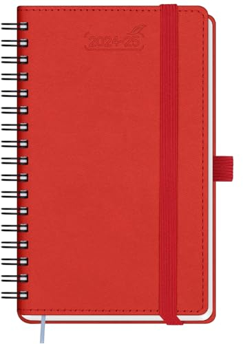 BEZEND 18-Monate Taschenkalender 2024 2025 Klein Terminplaner A6 Ringbuch PU-Leder Softcover Kalender [Rot] Wochenplaner Juli 24-Dez 25 Buchkalender mit Stifthalter
