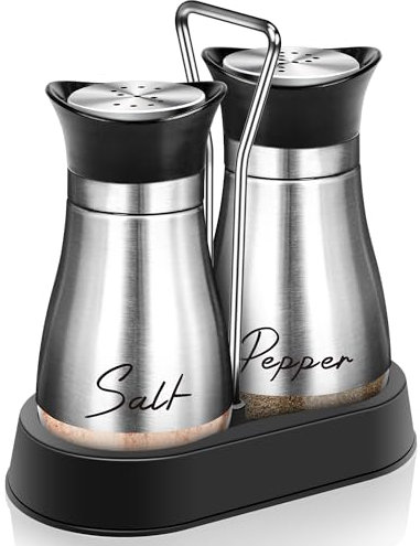 Juego de salero y pimentero con soporte, salero de acero inoxidable de 4 onzas con parte inferior de vidrio, utensilios de cocina para mostrador, decoración moderna, caravana, campamento, barbacoa,