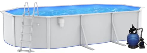 Willood Stahlwandpool Set Robuster Pool in Weiß mit winterfester Blauer Innenfolie mit Sandfilterpumpe und Leiter 610x360x120 cm