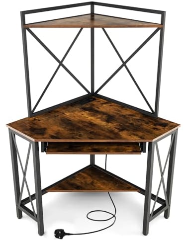 COSTWAY Corner Computer Desk, Triangle Study Desk Writing Workstation with Hutch, Open Shelves and Keyboard Tray, Space-Saving Wooden Gaming PC Laptop Table for Home Office Bedroom (Rustic Brown)