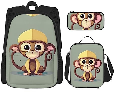 Cute Monkey Backpack With Lunch Box And Pencil Case 3 In,Kawaii Backpacks With Lunch Bag Matching Combo