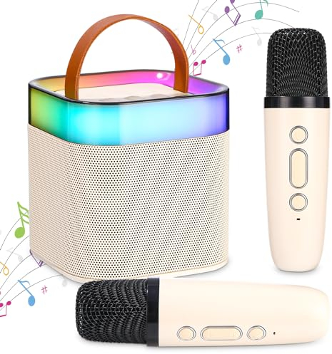 Máquina de Karaoke para Niños,Karaoke 2 microfonos, Altavoz Karaoke Portátil con Luz LED y Efectos de Cambio de Voz, Regalos de Cumpleaños para Niñas, Niños y Adultos(Beige)