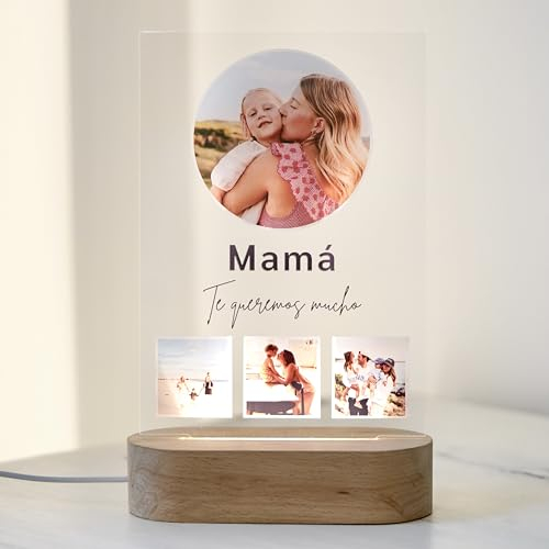 Cristal Plaque, Lámpara Mamá Personalizada destacada con Foto Circular, en metacrilato & Base de madera. Ideas de Regalo Día de la Madre, Cumpleaños y Aniversario.
