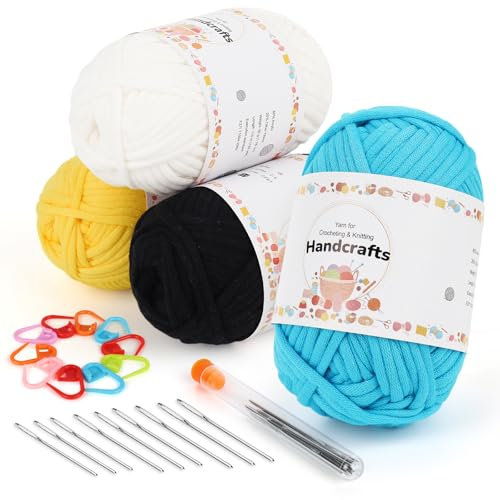 Aeelike 4X50g Dickes Garn Baumwolle zum Häkeln mit Strickzubehör, Chunky Häkelwolle für Anfänger, Kein Geteiltes Häkeln Amigurumi Wolle, Schlauchgarn mit gut Sichtbaren Maschen, Gelb+Blau+Schwarz+Weiß