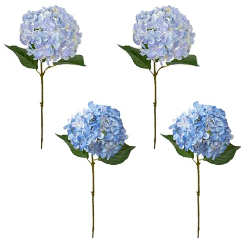 Belupai 4 Stück Künstliche Hortensienblüten, 59,9 Cm Langer Stiel, Seidenhortensienblumenstrauß, Künstliche Hortensienzweige, Echte Hortensienstiele mit Grünen Blättern(Hellblau + Dunkelblau)