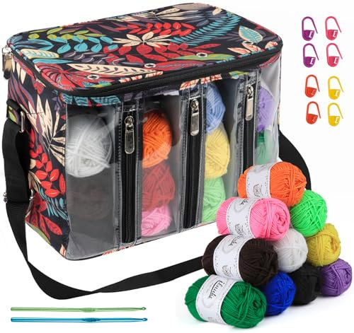 ilauke Aufbewahrungstasche für Wolle, Stricktasche Aufbewahrung mit 12-Farben von 30g/Rolle Garn, Häkeln, Nähnadeln und Markierungsschnallen, für Stricknadeln, Häkelnadeln, Projekte und Zubehör
