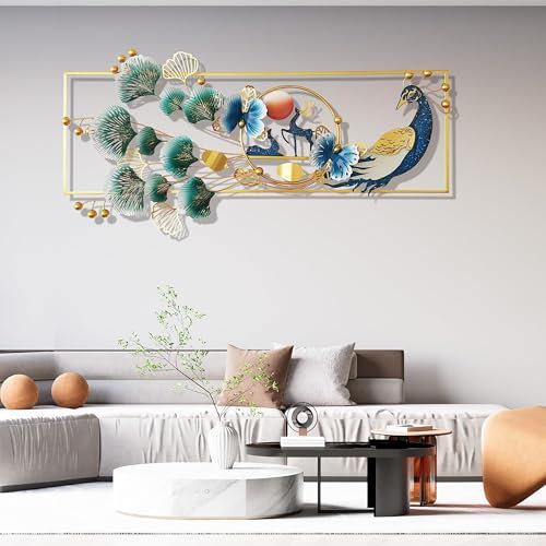 3D Pfau Wanddeko Metall, Moderne Wandskulpturen Metall mit Ginkgo Blätter Schwanz, Kunst Hängen Dekoration Ornament für Wohnzimmer Schlafzimmer Gang Hintergrund Wandverzierung,110x52cm