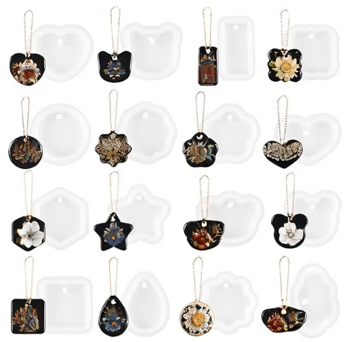 Dimeho Schmuck Gießform Silikon, 16 Stück Geometrische Anhängerformen UV Resin Mold mit Aufhängeloch DIY-Ohrringe Halskettenanhänger SchlüsselanhängerFormen DIY Basteln