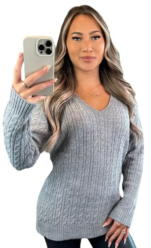 Stylish Doll Long Sleeve V-Neck Knitted Cable Women's Jumper Knitted Sweater Pull Over Jumper Top Knit Warm Winter Everday Chunky Casual Pullover Ladies Plain Tops UK (Light Grey, 8-10)