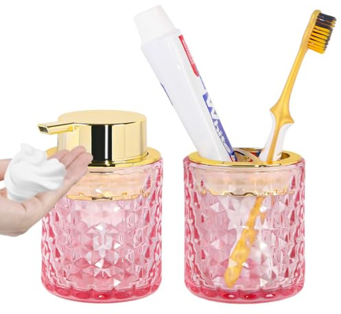 Fvstar Pink Bathroom Accessories Set,2pcs Glass Bathroom Accessory Set with Foam Soap Dispenser and Toothbrush Holder,Gold Soap and Toothbrush Holder Sets,Perfect for Housewarming Gift,Home Decor