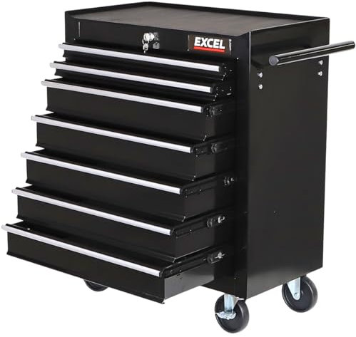 Roller Tool Cabinet Storage 7 Drawer Toolbox Tool Chest Trolley With Wheel Black, Made with Powder Coated Steel & Rust-resistant, Ball Bearing Slides and 4 Wheels with Brakes
