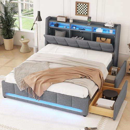 Aoskem Polsterbett Doppelbett 140x200 cm, LED-Bett mit 2 Schubladen, Kopfteil mit Stauraum & USB-Buchse, Stauraumbett Bettgestell mit Lattenrost, Funktionsbett Flachbett, Ohne Matratze, Leinen Grau