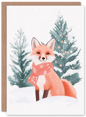 Artery8 Cute Red Fox Scarf Winter Forest Snow Laden Tree For Child Kids Christmas Card