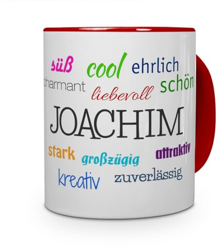 printplanet Tasse mit Namen Joachim - Positive Eigenschaften von Joachim - Namenstasse, Kaffeebecher, Mug, Becher, Kaffeetasse - Farbe Rot