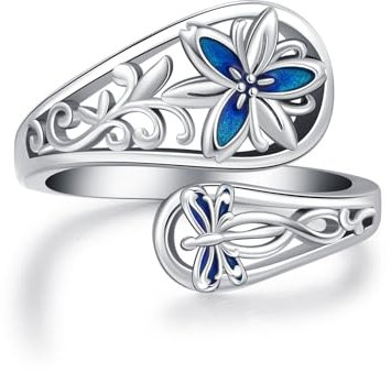 CRWENG Sunflower Turquoise Open Ring for Women Sterling Silver Turquoise Spoon Ring Vintage Adjustable Spoon Rings Sunflower Jewelry Gifts for Women (Dragonfly)