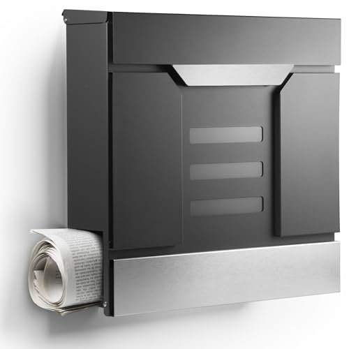 Moderner Briefkasten Personalisierbar Mailand Anthrazit RAL7016 - mit Zeitungsfach - Wandbriefkasten mit Edelstahl Namensschild und Hausnummer Gravur (Ohne Gravur)