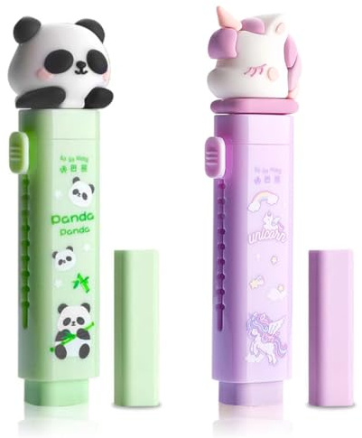 CEJAS 2 Set Radiergummi im Stiftstil, 2 einziehbare Radierstifte + 2 Refill Radiergummis, nachfüllbarer Präzisionsradierer für Bleistifte Zeichnen, Lernen, Büro(Panda+Einhorn)