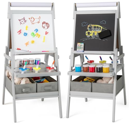COSTWAY 3-in-1 Tafel Kinder, doppelseitige Kindertafel mit Papierrolle & magnetischer Kreidetafel & Whiteboard, inkl. 3 Farbbechern & 2 Boxen, Staffelei für Kinder ab 3 Jahren (Grau)