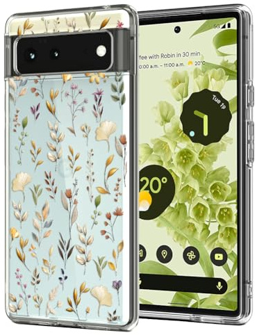 Unov Hülle für Pixel 6 Kristallklare Handyhülle, Stoßfest Schlanke Dünn Griff, Klar mit Geprägtem Muster, UV-Schutz, Kompatibel mit kabellosem Laden, Weiche TPU, Goldener Garten