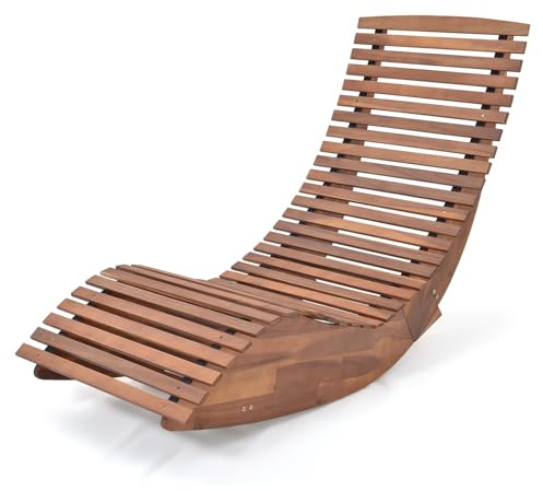 KOMFOTTEU 1 Pieza Tumbona Mecedora de Madera de Acacia, Tumbona de Jardín de Listones con Carga 160 kg, Silla Mecedora Baño de Sol, para Patio, Terraza, Piscina, 157 x 60 x 76 cm (1)