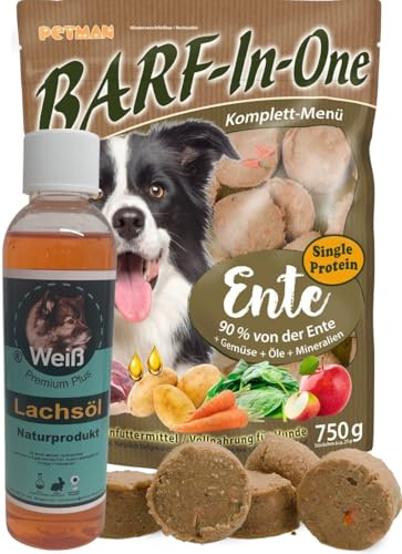 petman Barf-in-One Ente, 7 x 750g-Beutel, + Weiß-Premium Lachsöl 100ml Tiefkühlfutter, gesunde, natürliche Ernährung für Hunde, Hundefutter, Barf, B.A.R.F.