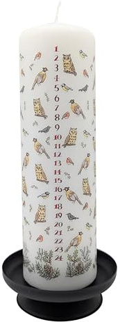 Alison Gardiner Winter Birds Advent Pillar Candle – Unscented Wax Christmas Countdown, 70hr Burn, Handmade in UK – Festive Candle for Table, Mantelpiece & Seasonal Décor