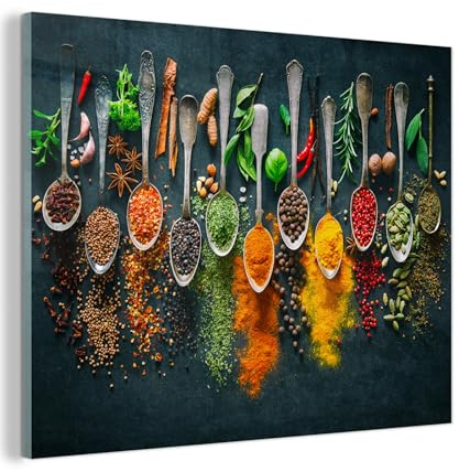 MuchoWow© Glasbilder Wohnzimmer Deko Modern Wandbild Kunstdruck auf Glas | 80x60 cm - Bild Schlafzimmer über Bett Room Decor Geschenke Kräuter - Gewürze - Löffel
