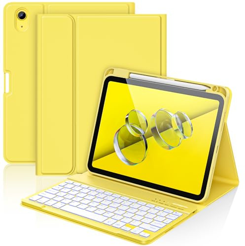 aMZCaSE Detachable Keyboard Case for iPad 10th & 11th Gen (A16) | 7-Color Backlit, Folio Design, Smart Wake/Sleep, Pencil Holder, Yellow, 10.9 2022 & 11 2025