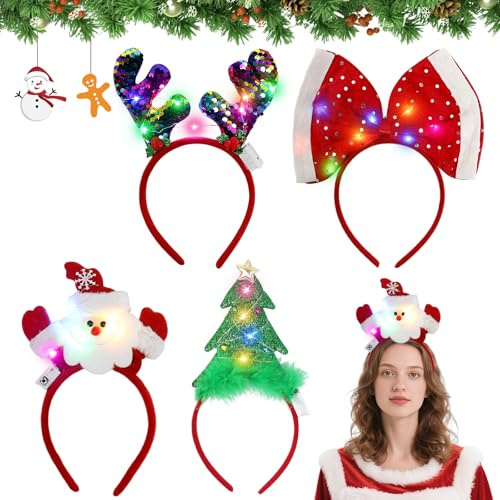 Lot de 4 bandeaux de Noël lumineux à LED avec sapin de Noël, renne, Père Noël, ornement pour fête de Noël