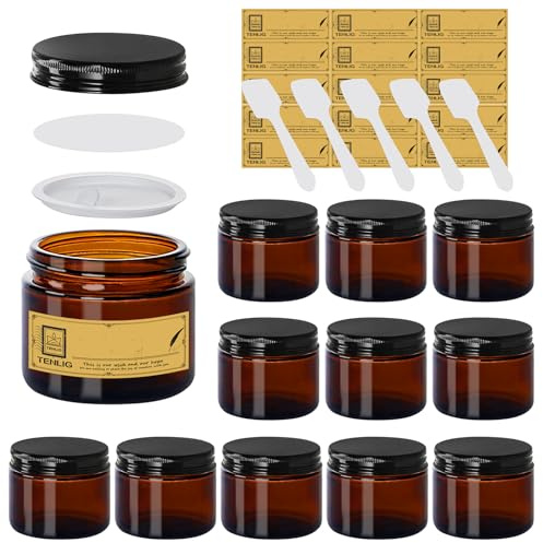 TENLIG Lot de 12 bocaux vides en verre avec couvercles intérieurs et doublures intérieures, couvercles en métal noir, bocaux hermétiques ronds rechargeables, utilisés pour stocker des lotions, des
