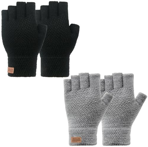 Long Keeper Fingerlose Winterhandschuhe für Männer und Frauen – Dehnbare warme Handschuhe, Halbfinger, weiche Alpaka-warme fingerlose Handschuhe, Thermo-Strick-Fäustlinge, Einheitsgröße, (2 Paar