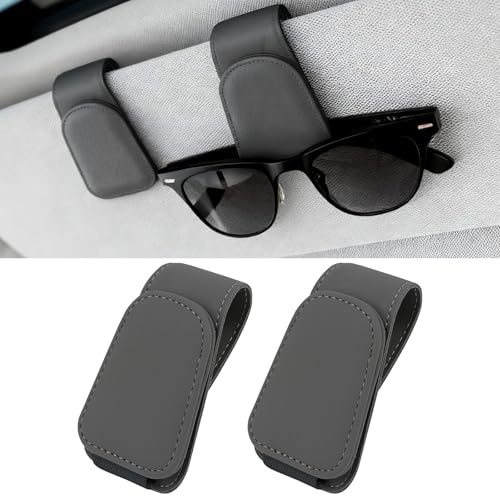 Zorplex Lot de 2 Supports Lunettes de Soleil Magnétiques en Cuir pour Pare-Soleil pour Voiture, Porte-Lunettes et Porte-Cartes, Universel, Accessoire Auto Pratique (Gris)