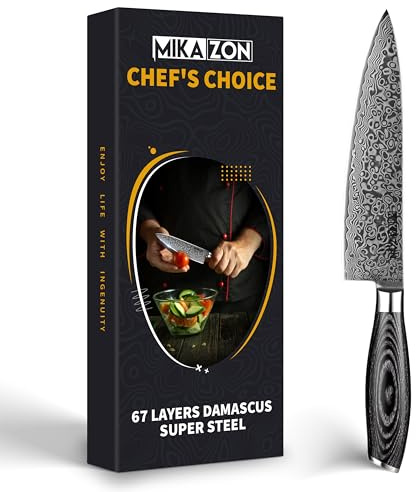 MIKAZON Damast Kochmesser - Professionelles 20.1 cm Küchenmesser mit 67-lagiger Stahlkonstruktion und Pakkaholzgriff in Geschenkbox
