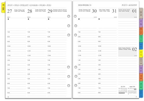 2026 2027 Wochenplaner Einlage A5 6 Löcher - Vertikal Layout (7-20 Uhr), 1 Woche 2 Seiten mit Tabs, Notizen, Kontakt, Aug.2026-Jul.2027, 100gsm Nachfüllpapier für Kalender 26/27 Planer(mehrsprachig)
