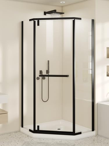 36 x 72 Neo-Angle Corner Shower Door, Frameless Pivot Shower Enclosure with 1 Adjustable Width, 1/4 Clear Tempered Glass with Explosion-Proof Film & Nano Coating, Matte Black, Base Not Included