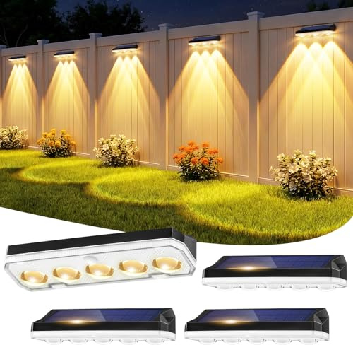 Wonkelly Solar Fence Lights Outdoor, 4 Pack Solar Lights Outdoor Garden | Warm White/Cool White& RGB 8 Colors, 5 Lens 40 Lighting Modes, IP65 Waterproof, Outside Wall Light for Garage, Yard, Pathway