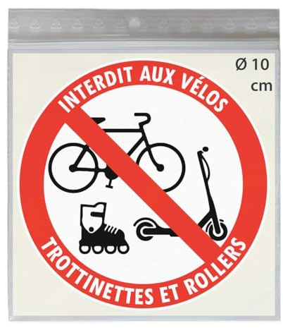 4 Stickers Ø 10 cm INTERDIT AUX VÉLOS TROTTINETTES ROLLERS P106 autocollant | Étiquettes autocollantes rondes de signalisation en vinyle adhésif d'interdiction de vélo, trottinette, roller