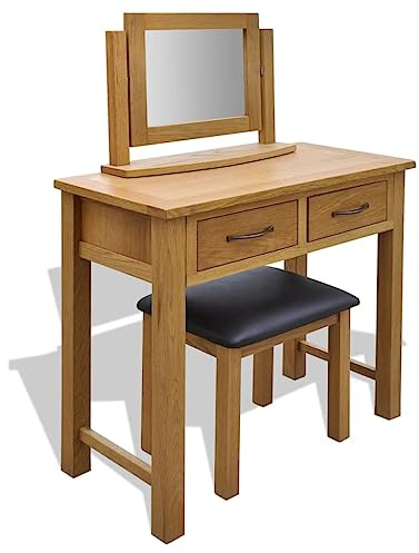 Keeushr Frisiertisch mit Hocker Massivholz Eiche Set inklusive Spiegel und Kunstlederhocker für Schlafzimmer Schminktisch aus Eichenholz