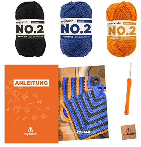 myboshi Häkelset Topflappen Tonami, inkl. No.2 Wolle, Nadel und Anleitung, Häkelpaket 85% Baumwolle, 15% Kapok Orange mit Häkelnadel
