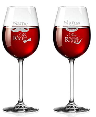 Weingläser mit Personalisiert Gravur - Rotwein-Glas 460ml - Mr. & Mrs. Always Right mit Schnurrbart & Kussmund - Geschenk zur Hochzeit