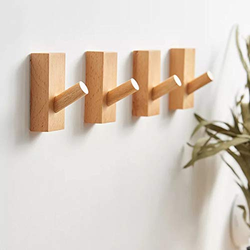 HomeDo 4Pack Wall Hooks Hat Rack, Wooden Coat Hooks Wall Mounted, Decorative Hooks Single Organizer Hat Hanger Towel Rack, Heavy Duty Hooks (Rectangle-Beech 4Pack)